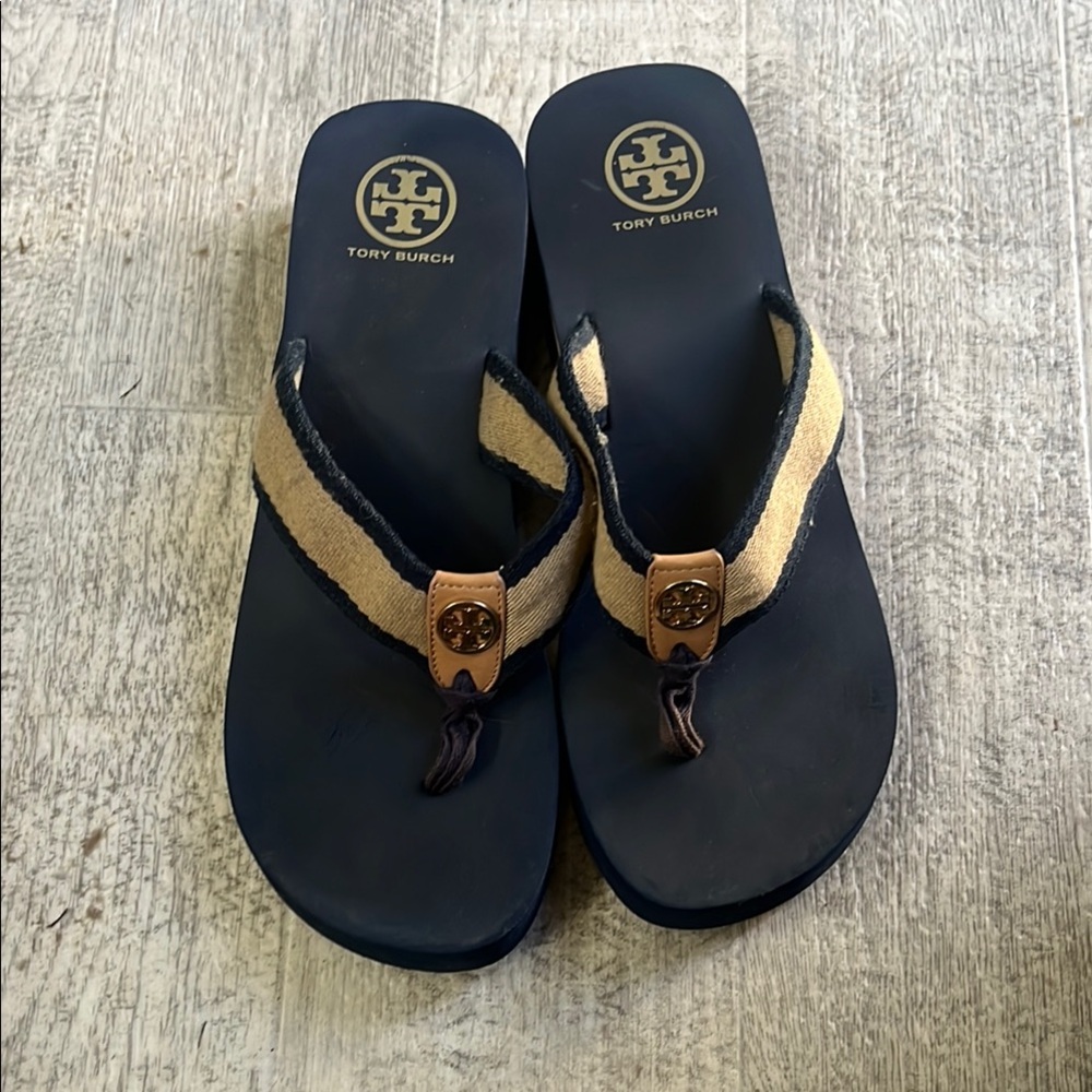 Tory Burch navy and Cream Flip Flops